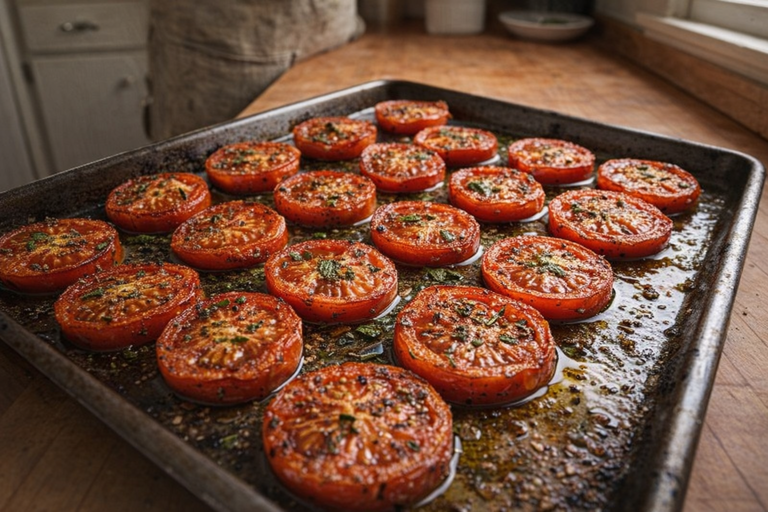 Overhead shot of perfectly roasted tomatoes on a baking sheet, glistening with olive oil and herbs, golden brown edges, rustic kitchen setting